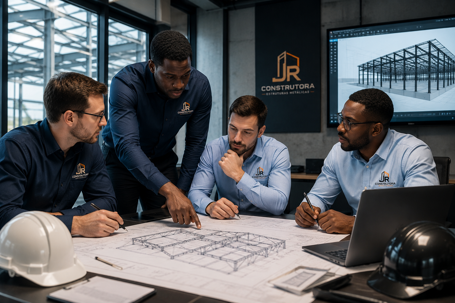 Equipe de engenharia da JR Construtora analisando projeto em obra